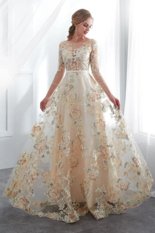 strapless evening gown-A Line Floor Length Floral Prom Dresses 3/4 Sleeves A-line Empire Waist Long Evening Gowns