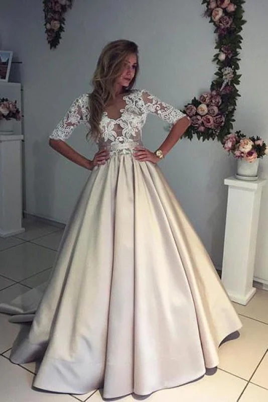 elegant evening gown with train-A-line Half Sleeves V-neck Ruched Prom with Lace Top Long Evening Dress