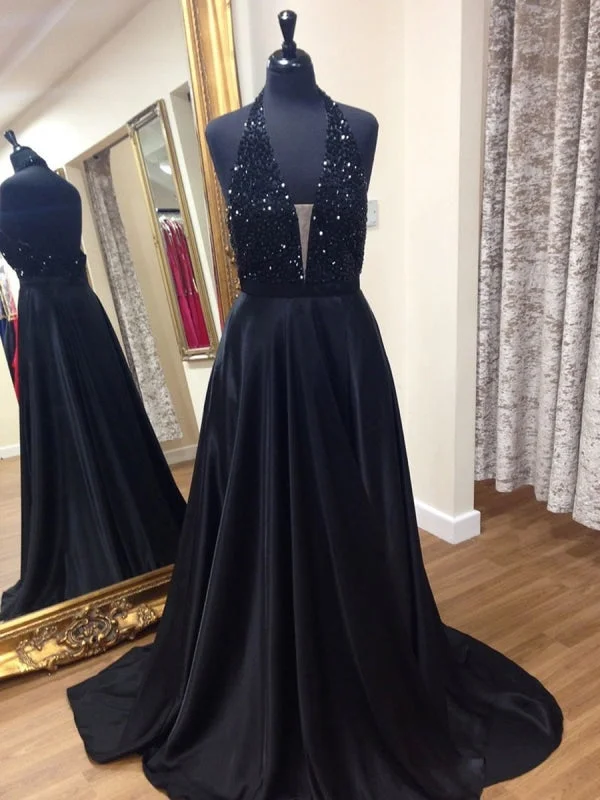 shimmering evening dress-A Line Halter Neck Backless Beaded Black Long Prom, V Neck Black Formal, Backless Black Evening