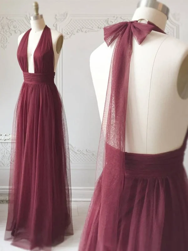 sweetheart neckline evening gown-A Line Halter Neck Backless Burgundy Prom, Backless Burgundy Formal, Burgundy Evening