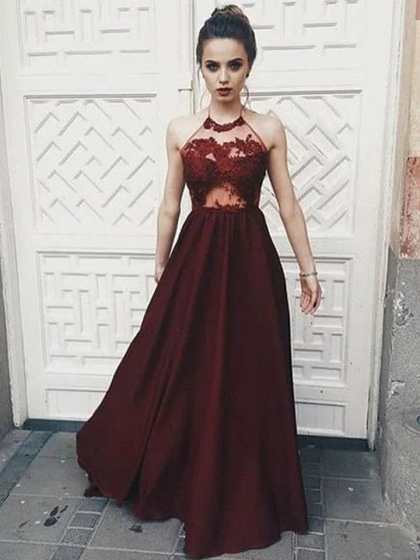 sequined formal evening gown-A Line Halter Neck Backless Floor Length Lace Maroon Long Prom, Maroon Lace Formal, Evening