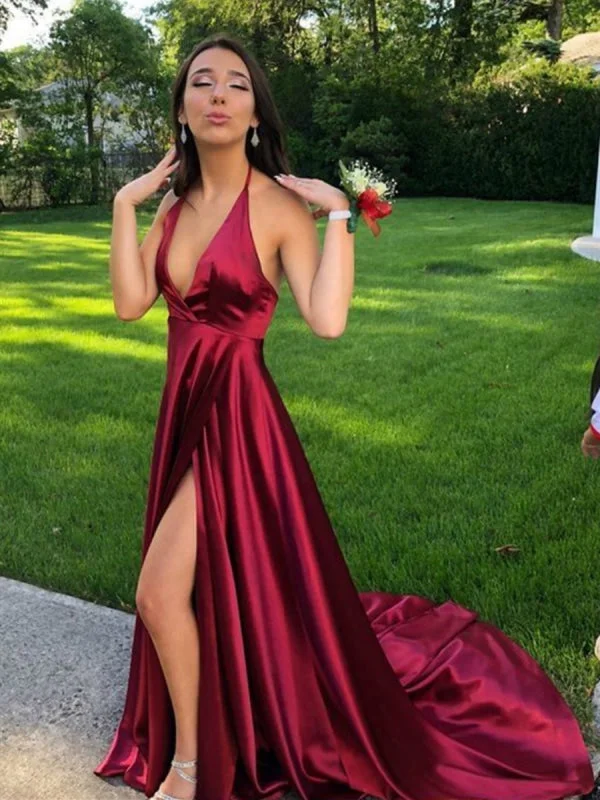 evening gown with keyhole-A Line Halter V Neck Backless Burgundy Satin High Slit Long Prom with Train, Burgundy Formal, Evening