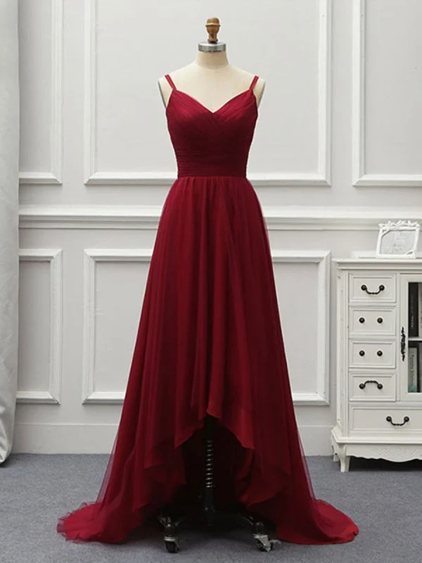 formal evening dress-A Line High Low Backless Burgundy Tulle Long Prom, High Low Burgundy Formal, Backless Burgundy Evening