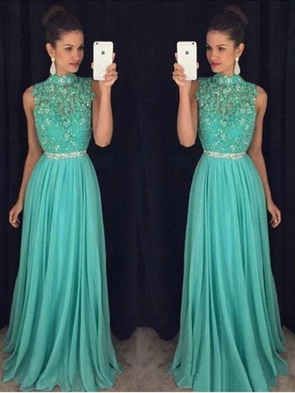 floral print evening dress-A Line High Neck Backless Lace Appliques Green Long Prom, Open Back Green Lace Formal Evening Graduation