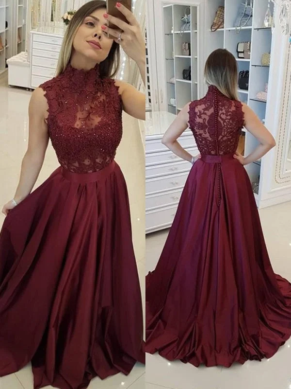 strapless evening gown-A Line High Neck Lace Beading Burgundy Satin Long Prom, Burgundy Lace Formal, Burgundy Evening