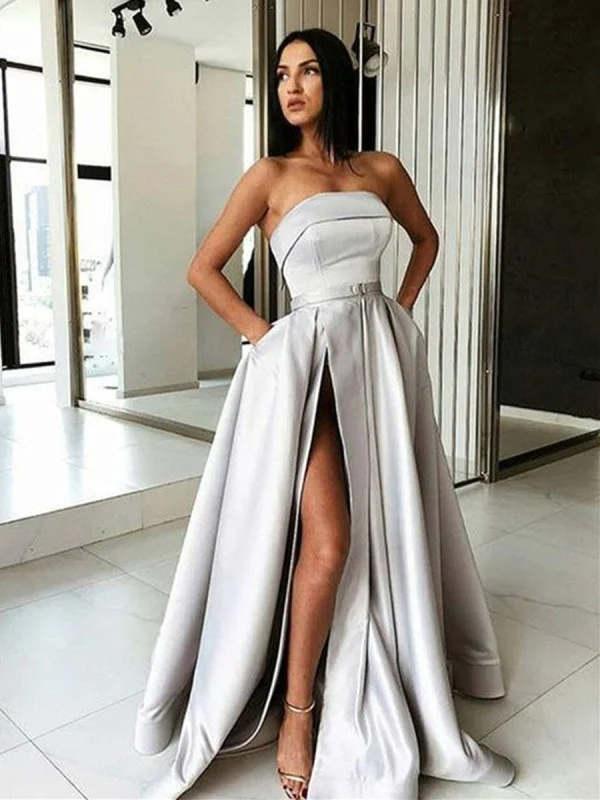 illusion neckline evening dress-A Line High Gray Long Prom Dresses with Belt, Gray Long Formal Dresses Evening DressesGraduation Dresses with High