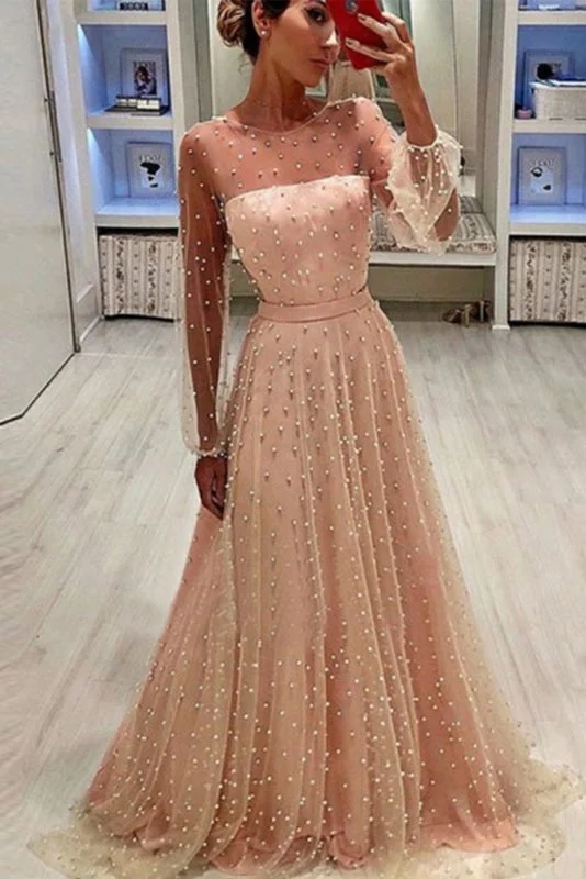 formal evening dress-A-Line Jewel Sleeves Pearl Pink Long Prom with Pearls Unique Formal Dress