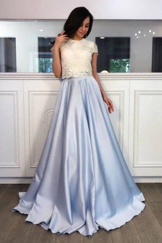 sleeveless evening dress-A-line Light Blue Two Piece Short Sleeves Round Neck Satin Prom Dress with Lace