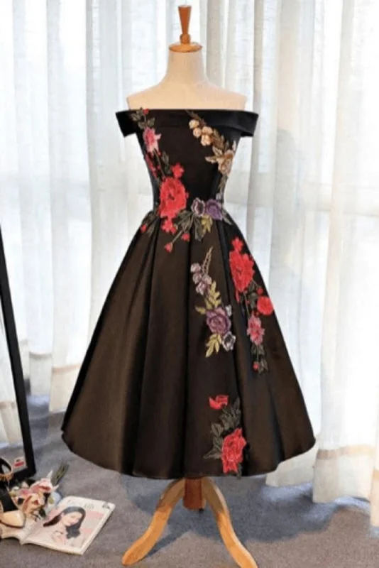 evening gown for prom-A Line Off Shoulder Black Ankle Length Satin Prom Dresses with Appliques