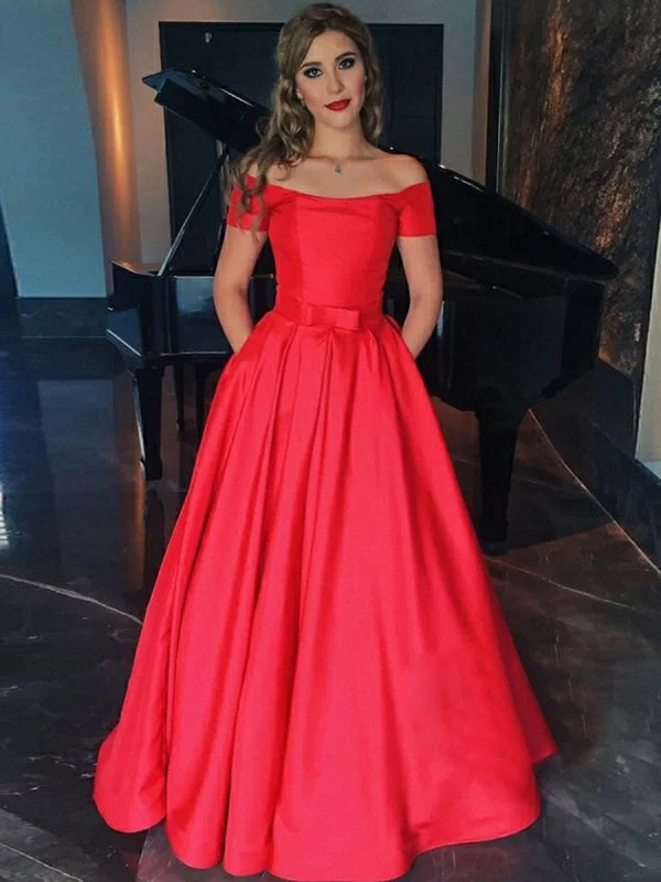 fit and flare evening gown-A Line Off Shoulder Red Satin Long Prom, Red Off Shoulder Formal, Red Evening