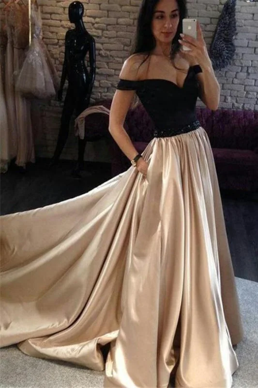 elegant cocktail evening gown-A Line Off the Shoulder Long Prom Floor Length Sexy Evening Dress with Black Top