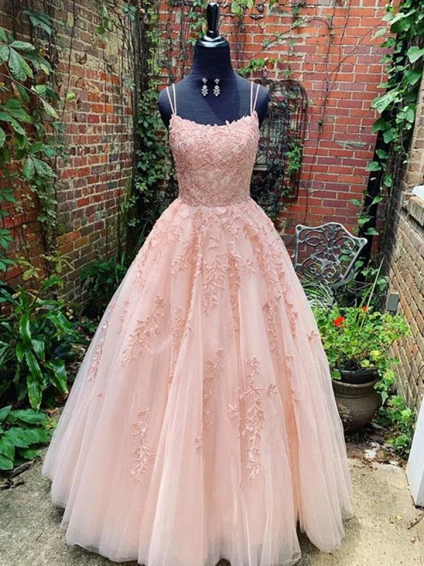 evening dress with beads-A Line Pink Lace Long Prom Wedding, Lace Pink Formal Graduation Evening