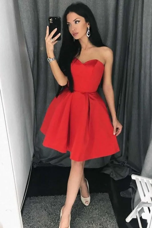 royal blue evening gown-A Line Red Sweetheart Homecoming Dress Simple Strapless Junior Prom Dresses