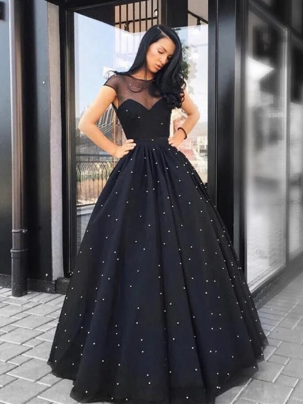 off-the-shoulder evening gown-A Line Round Neck Beading Black Tulle Long Prom, Black Formal, Elegant Black Evening