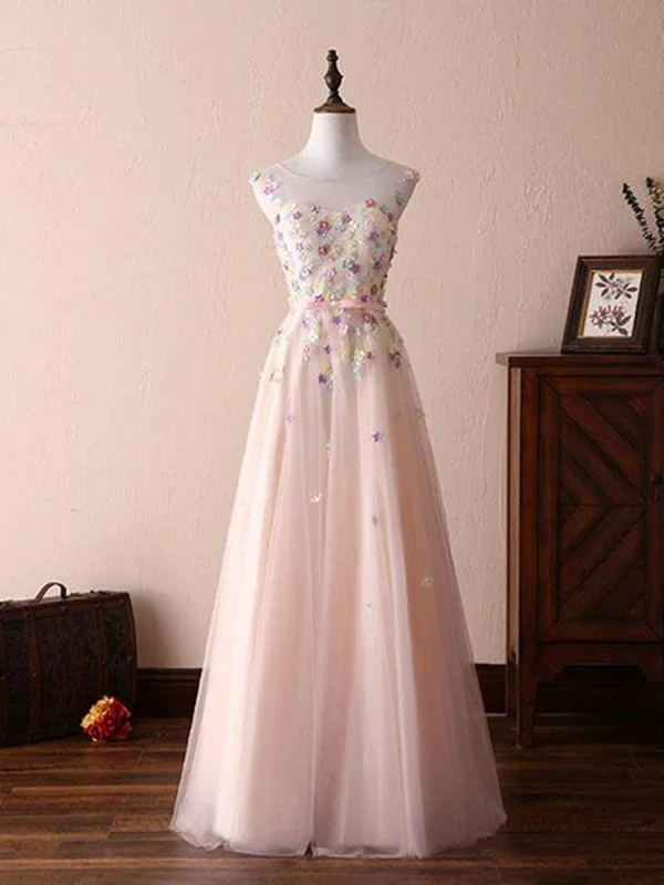 evening dress with shawl-A Line Round Necks Appliques Light Pink Prom Dresses, Pink Formal Dresses, Evening Dresses with