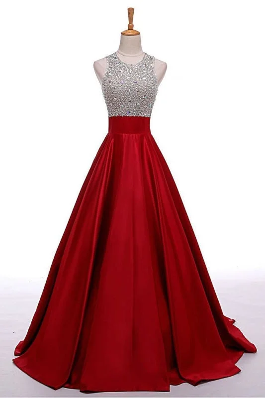 shimmering evening dress-A-Line Round Neck Red Long Prom Dress with Beading Sleeveless Evening Dresses