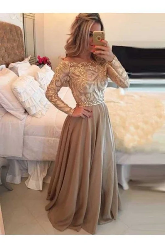 metallic evening dress-A-Line Sheer Neckline Prom Dresses Floor Length Long Sleeves Evening Dress