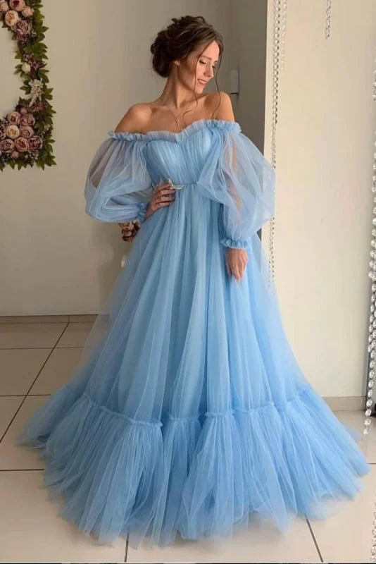 evening gown for prom-A Line Sleeve Off the Shoulder Long Prom Blue Tulle Floor Length Formal Dress