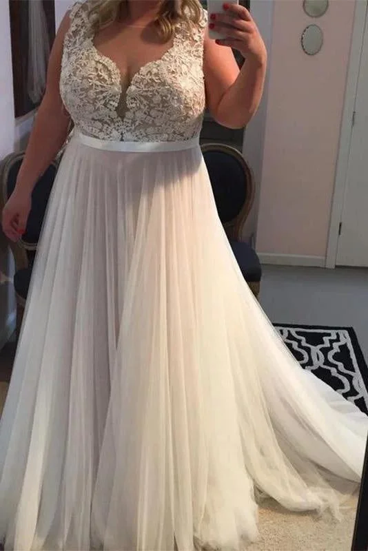 elegant evening gown with train-A Line Sleeveless Prom Dress with Lace Brush Train Tulle Plus Size Dresses