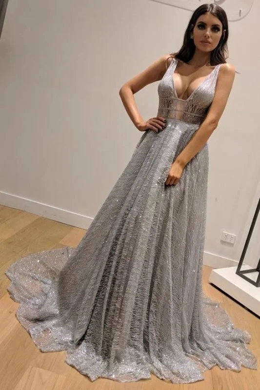 illusion neckline evening dress-A-Line Sleeveless Silver Backless Fashion Custom Unique Design Long Prom Dresses