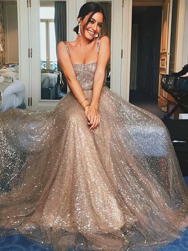 ruched evening gown-A Line Spaghetti Straps Backless Champagne Long Prom with Sequins, Champagne Formal, Evening