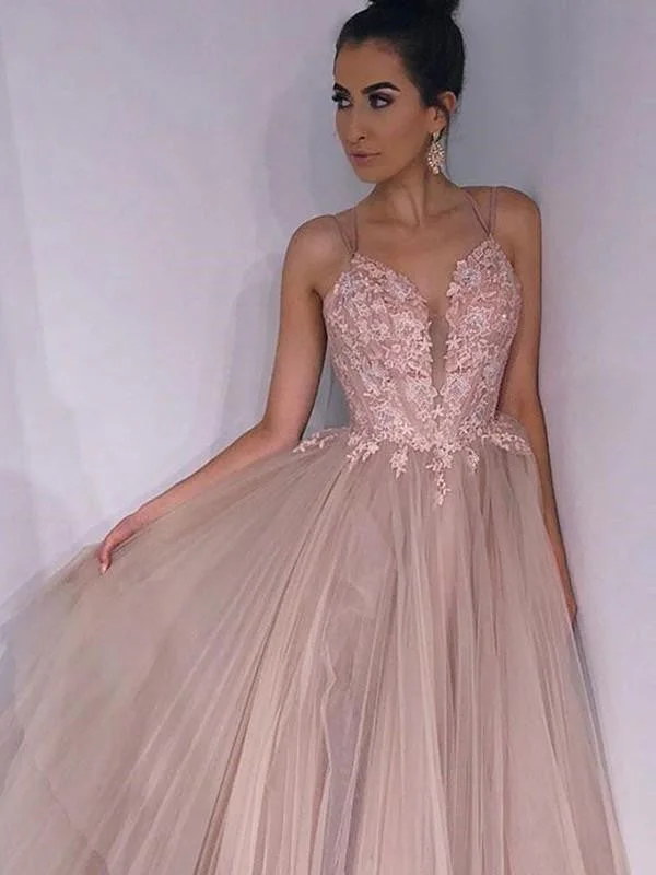 off shoulder evening gown-A Line Spaghetti Straps Backless Pink Lace Appliques Champagne Prom, Lace Champagne Formal, Champagne Evening