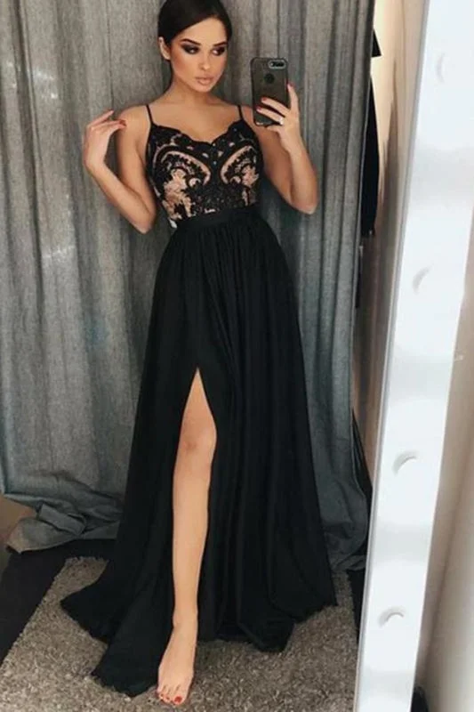 scalloped hem evening gown-A-Line Spaghetti Straps Floor-Length Black Prom Dresses with Lace Split