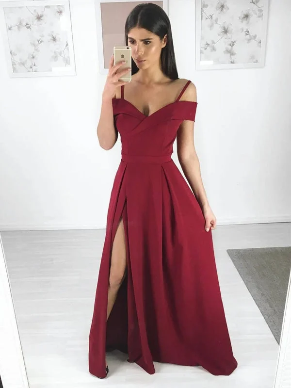 elegant cocktail evening gown-A Line Spaghetti Straps Off Shoulder Burgundy Long Prom with Side Slit, Burgundy Long Evening, Formal, Graduation