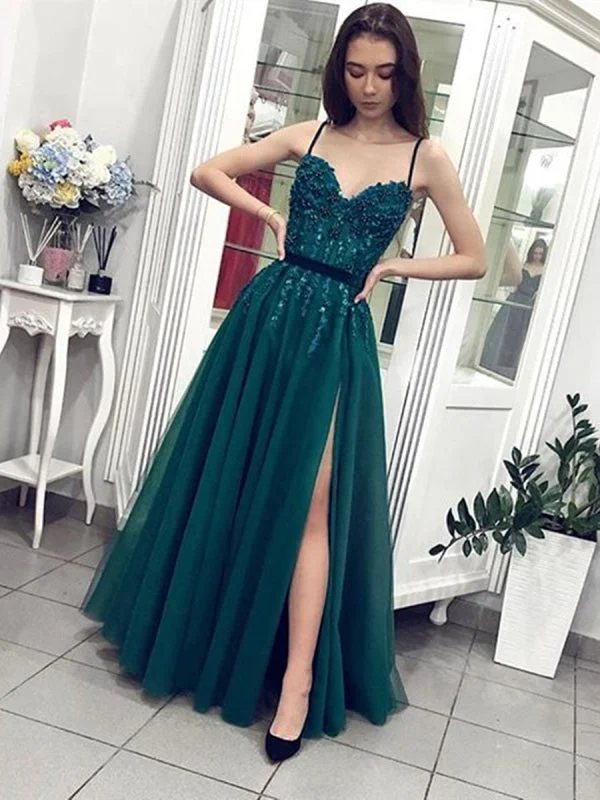 velvet long evening dress-A Line Spaghetti Straps Sweetheart Neck Beaded Green Long Prom with Slit, Green Formal, Evening