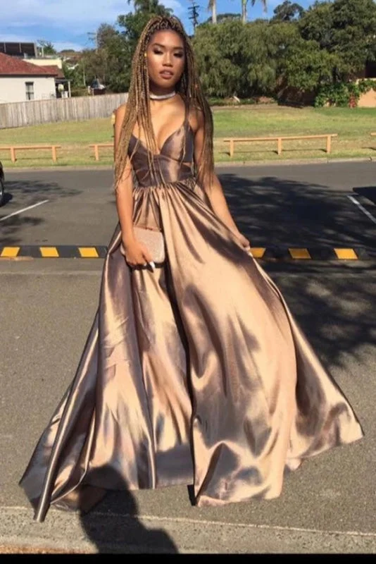 pleated evening dress-A Line Straps Floor Length Deep V Neck Sleeveless Long Prom Dress