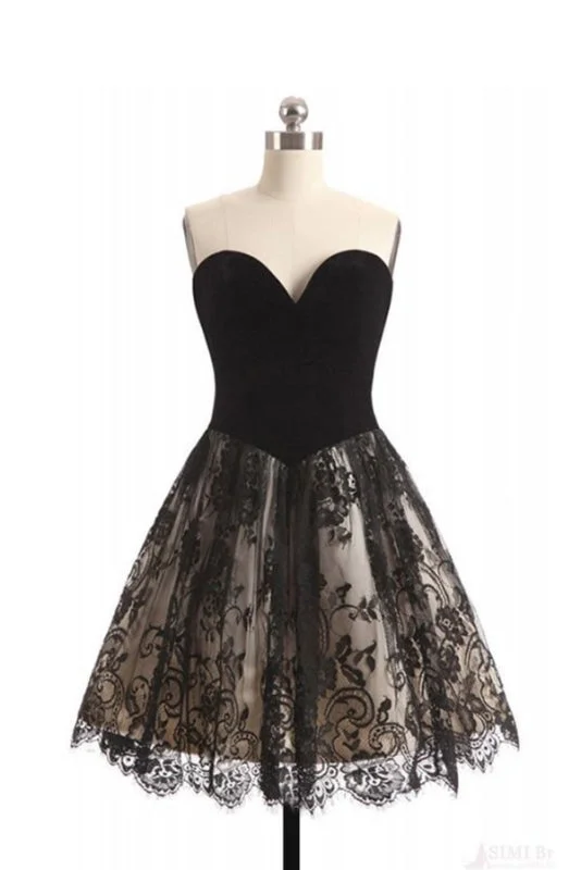 elegant lace overlay evening gown-A Line Sweetheart Lace Homecoming Dress Black Short Strapless Prom Dresses