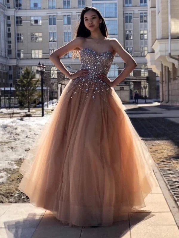 sleeveless evening dress-A Line Sweetheart Neck Beaded Champagne Long Prom, Champagne Formal, Evening