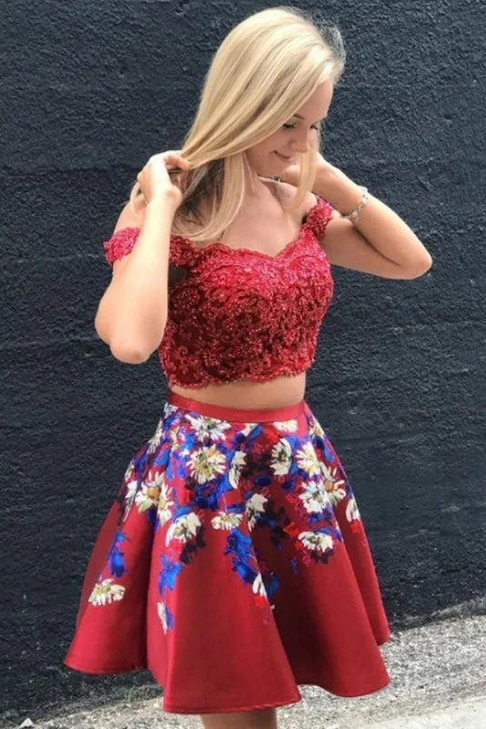 evening gown with keyhole-A Line Two Piece Red Off Shoulder Lace Applique Floral Short Homecoming Dresses