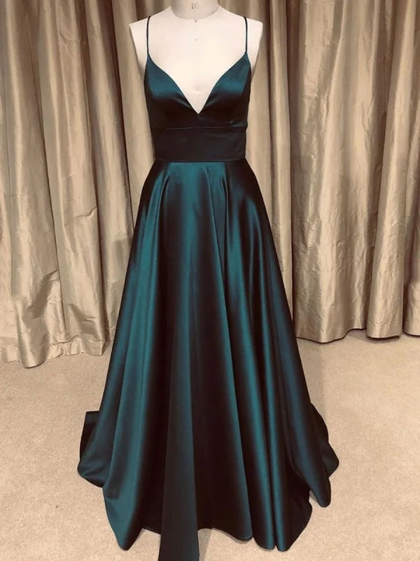 cap sleeve evening gown-A Line V Neck Backless Dark Green Long Prom, Simple V Neck Dark Green Formal, Dark Green Evening