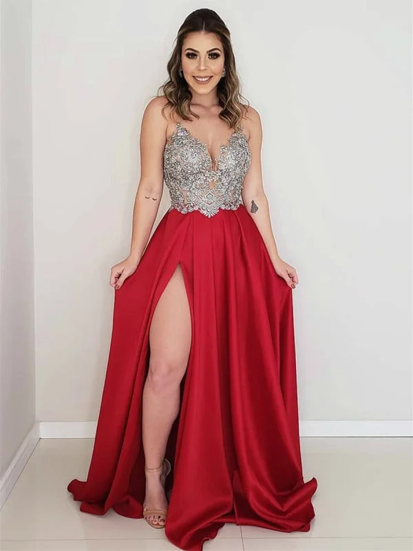 cap sleeve evening gown-A Line V Neck Backless Lace Appliques Red/Light Blue Prom with Slit, Lace Backless Red/Light Blue Formal, Lace Evening