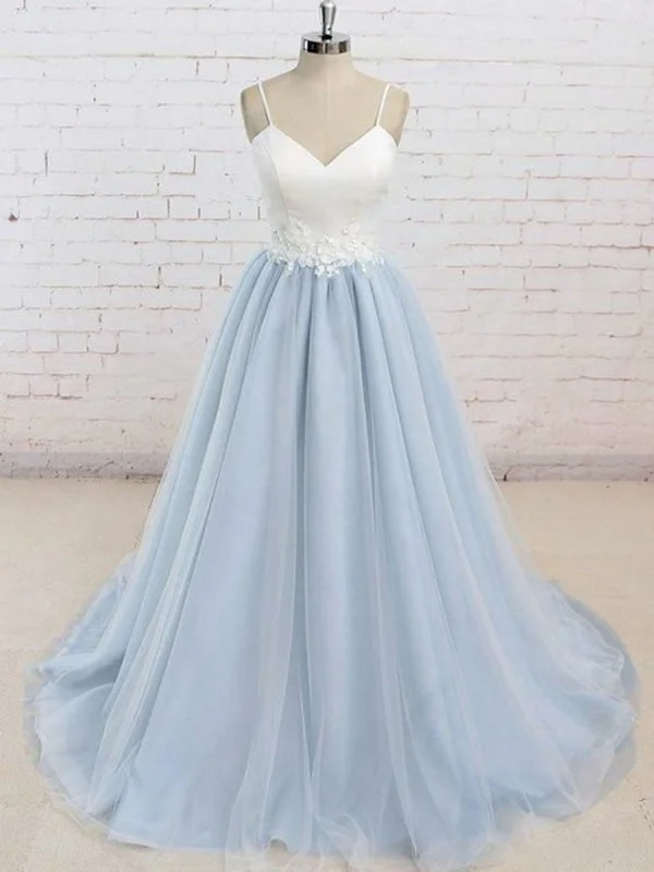 evening gown with train-A Line V Neck Backless Light Blue Tulle Long Prom with White Lace Appliques, Light Blue Graduation, Light Blue Formal Evening