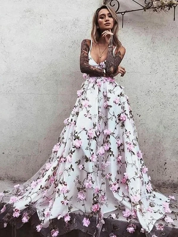 elegant white evening gown-A Line V Neck Backless Pink Lace Floral White Prom, Pink 3D Flower White Formal, Evening