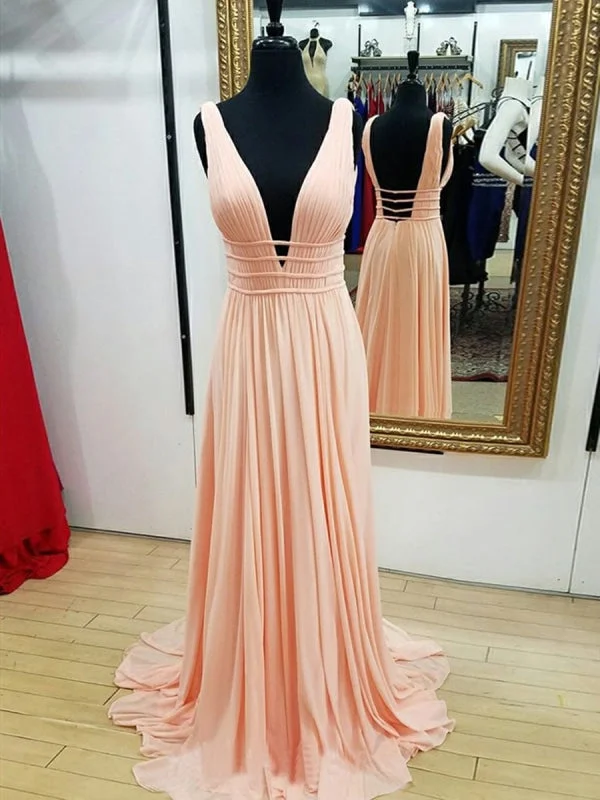 glamorous evening dress-A Line V Neck Backless Pleated Pearl Pink/Navy Blue Chiffon Long Prom, Pink/Navy Blue Formal Graduation Evening