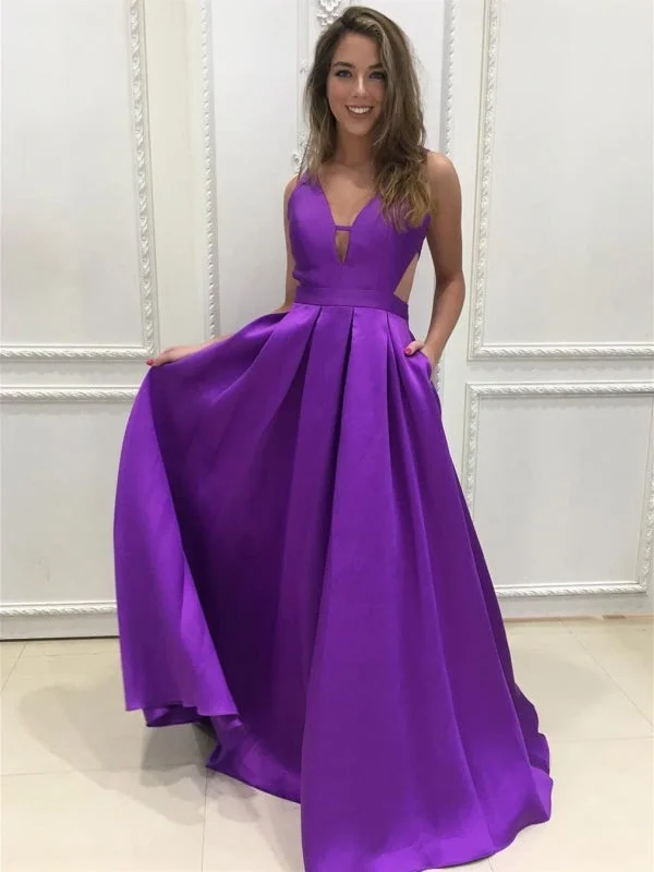 strapless evening gown-A Line V Neck Backless Purple Satin Long Prom, Backless Purple Ball Gown, V Neck Purple Formal Graduation Evening