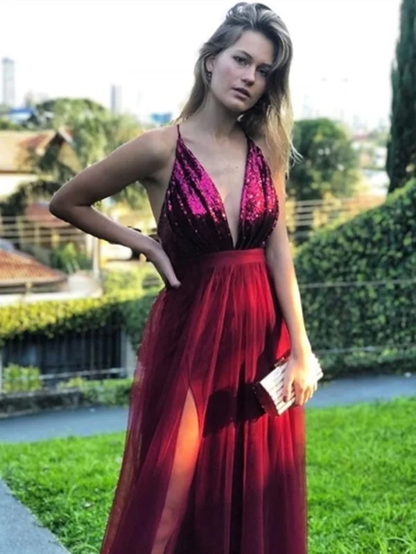 evening gown with fringe-A Line V Neck Backless Sequins Top Burgundy Prom with Slit, V Neck Backless Burgundy Formal, Burgundy Evening