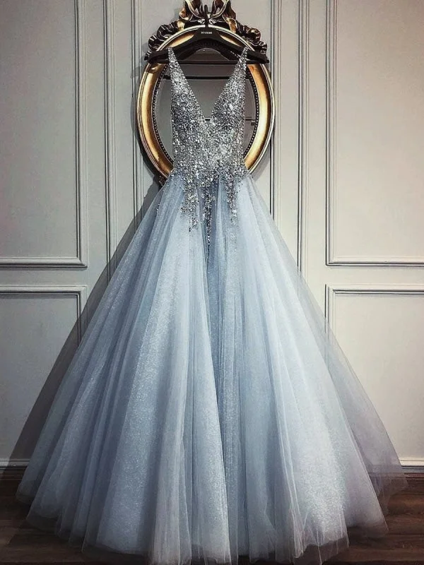 glamorous evening dress-A Line V Neck Beaded Sequins Blue Tulle Long Prom, Blue Formal, V Neck Blue Evening