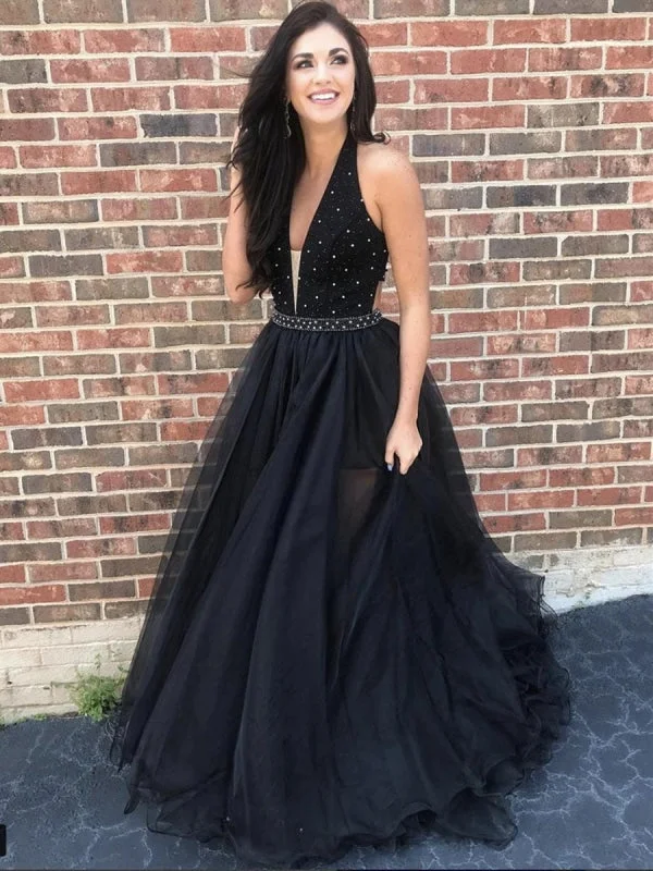 modest evening dress-A Line V Neck Beading Black Tulle Long Prom, V Neck Black Formal, Black Evening