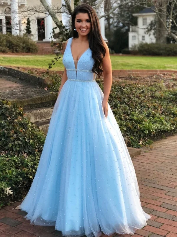 elegant formal evening dress-A Line V Neck Beading Light Blue Long Prom with Beaded Belt, Blue Formal, Evening