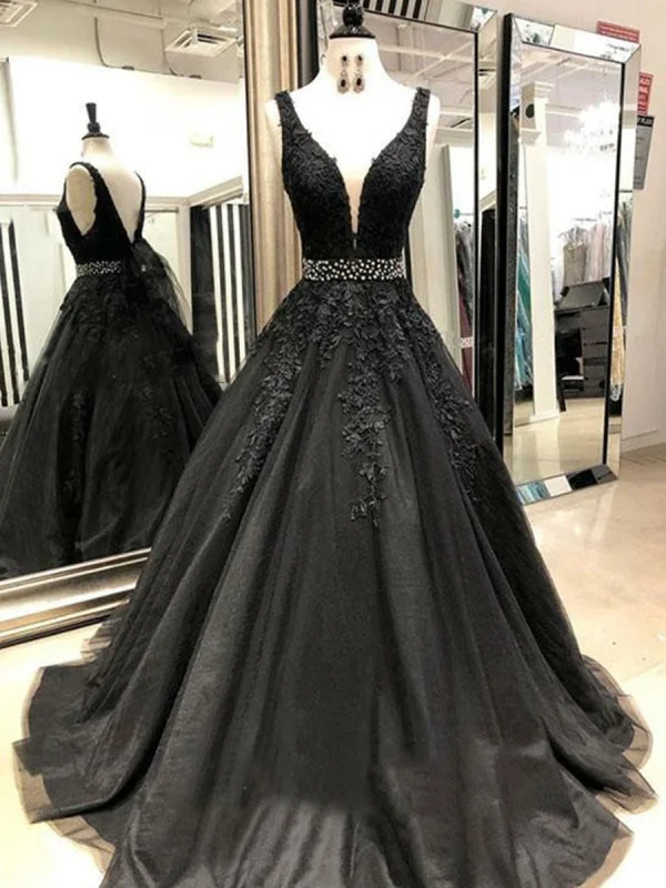 beaded evening gown-A Line V Neck Black Lace Long Prom, Lace Black Formal, Black Evening