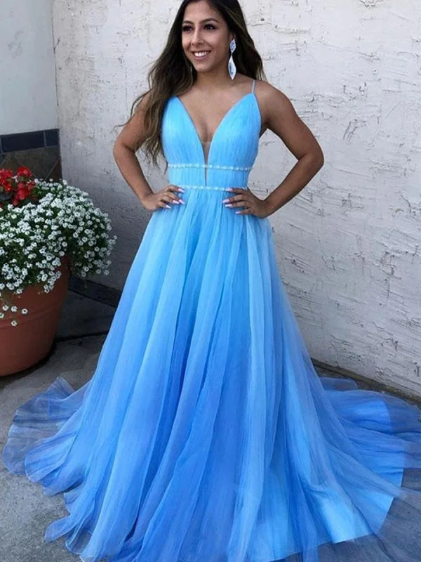 beaded evening gown-A Line V Neck Blue Long Prom with Thin Belt, Blue Formal, Evening