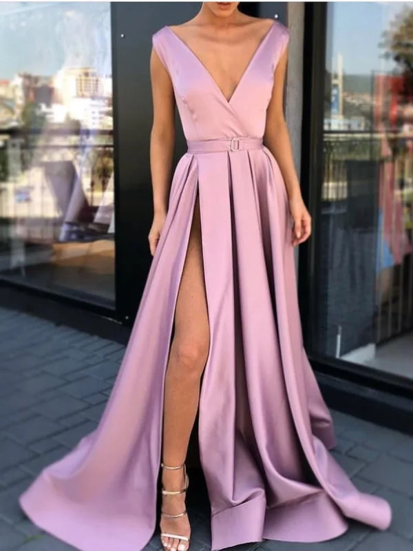 spaghetti strap evening dress-A Line V Neck Satin High Slit Prom with Belt, V Neck Formal, Graduation, Evening