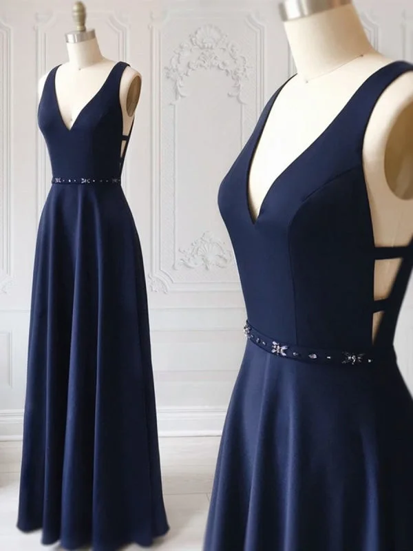 classic black evening dress-A Line V Neck Dark Navy Blue Long Prom with Beading Belt, Dark Navy Blue Formal, Evening