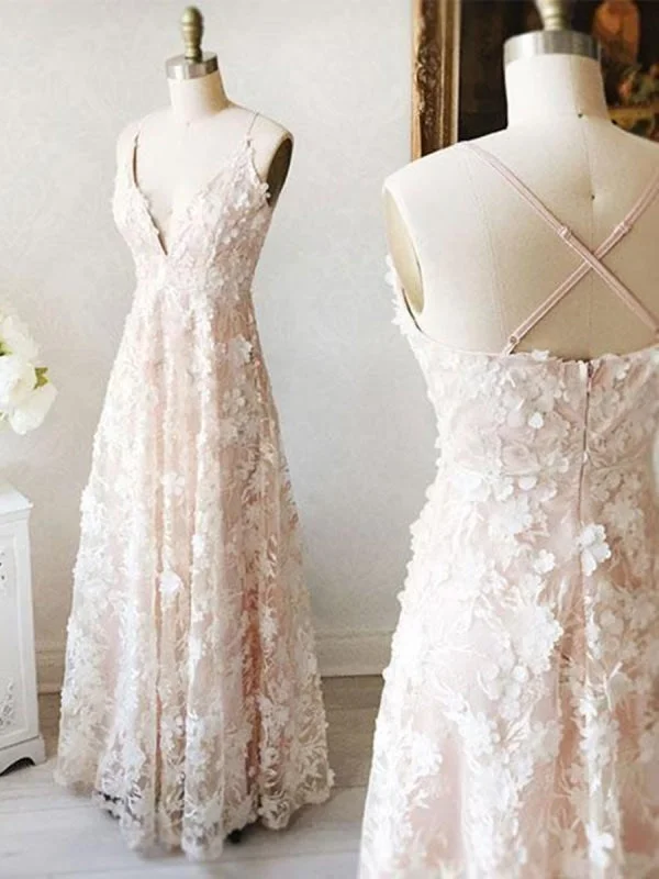 halter neck evening gown-A Line V Neck Floor Length Lace Light Pink Long Prom Dresses, Light Pink Lace Formal Dresses, Evening Dresses