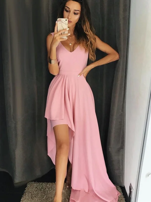 evening dress with beads-A Line V Neck High Low Pink Long Prom Dresses, Pink Formal Dresses, Simple Pink Evening Dresses