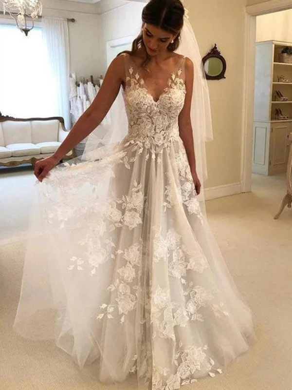 evening gown with keyhole-A Line V Neck Lace Appliques White Long Prom Wedding, V Neck White Lace Formal, White Lace Evening